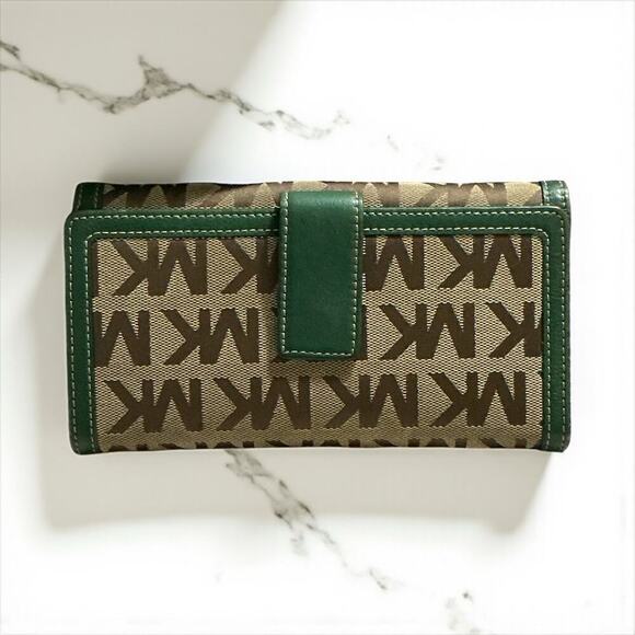 Michael Kors Monogram Green Trim Canvas Leather Wallet Clutch 7”x4” - Picture 11 of 15